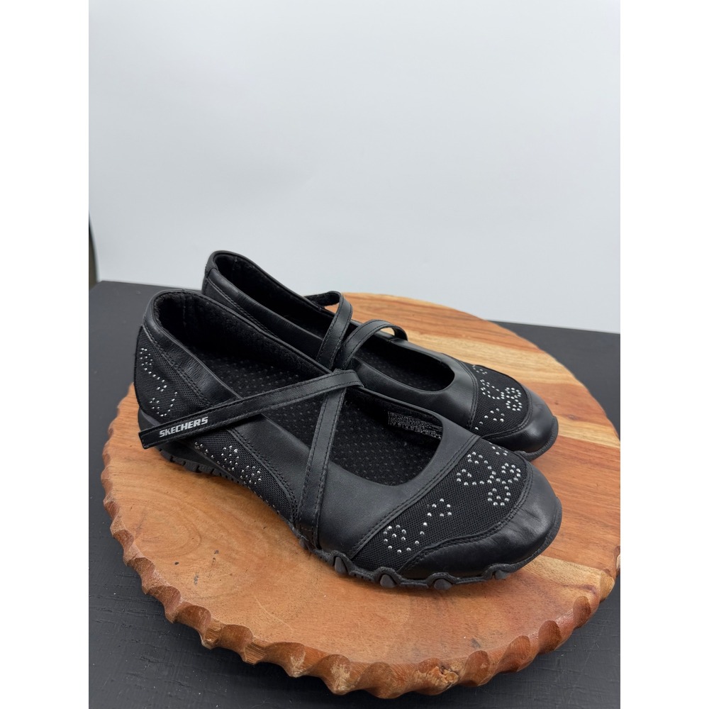 Skechers Bikers Mary Jane Flat Women 7.5 Black Studded Rhinestone Leather 21432